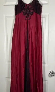 Gilligan & O’Malley Women’s Dark Red Sexy Floor Length Nightgown W/ Black Lace S