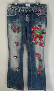 Antik Denim Embroidered Bootcut Flare Jeans 30 Y2K Boho Floral Bird Patchwork