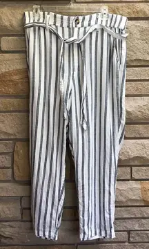 American Eagle Straight Leg Belted Elastic Waist Pants White Blue Stripe large