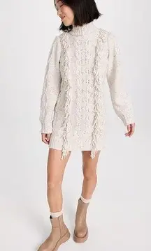 Line and Dot  Daria Fringe Cable Knit Mock Turtle Neck Mini Sweater Dress Sz S