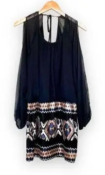 As U Wish black brown sequin tribal open sleeve shift blouson mini dress large