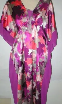 New Womens NWT $68 Satin H Halston Caftan Night Gown S M Cover Up Purple Orange