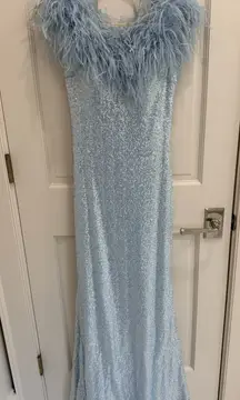 Jovani light Blue Sequin Gown with Feather Trim