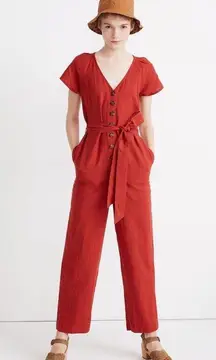 Madewell Linen-Cotton Pleat-Sleeve Jumpsuit Size 14P Rust Short Sleeve Cropped