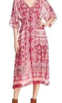 Johnny Was Cardinal Printed Scallop Hem Floral Print Midi Dress in Pink Size L