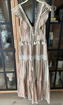 Hemant & Nandita Tiered Tassel Pixie Midi Dress ruffles embroidered eyelet vneck