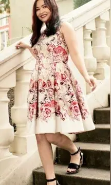 JUST TAYLOR Scuba Floral Pleated Dress with Exposed Back Zip and Pockets Sz 2