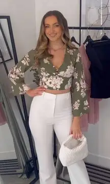 Zara Women Bloggers Fav Khaki Floral Bohemian Linen Blend Cropped Top Sz L