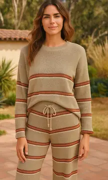 FP Beach Mariner Knit  Striped Lounge Set Top & Pants Mint Green/Brown Size M