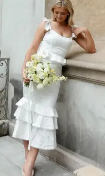 🆕 V. CHAPMAN Violet Corset Ruffled Midi Dress in Coconut Macaron White Sz 2