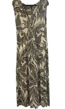 Soma Maxi Dress Knit V-Neck Brown White Floral Stretch Empire Waist Large Modal