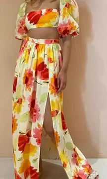 Revolve Rumer Sunshine Floral Linen Maxi Skirt with Slit XS‎ NWT