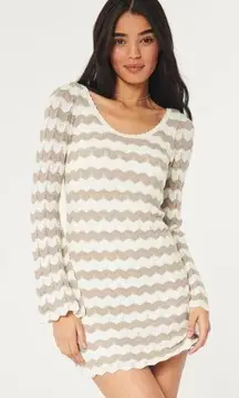 Hollister Long Sleeve Crotchet White Tan Chevron Open Back Dress Size Med NWT