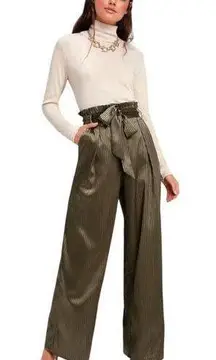 Lulu’s Haute to Trot Olive Green Striped Satin Wide-Leg Pants Size M Paperbag