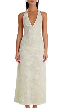 NWT  Giordana Ivory Devore Deep-V Maxi Halter Dress - Open Back (Size S)