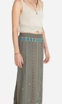 JOHNNY WAS Grey Embroidered Linen Smock Maxi Skirt Slit Bohemian