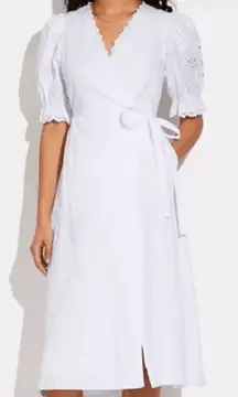 NWT Coach Broaderie Anglaise Wrap Dress in White Size 8 Puff Sleeve Scallop