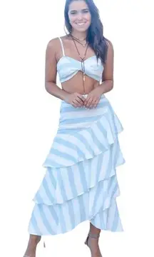 L’ATISTE by Amy Striped Twist Crop Top Ruffle Tier Maxi Skirt Set in Blue/White