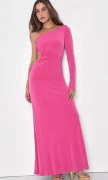 Sweet Flirt Pink Long Sleeve One-Shoulder Cutout Maxi Dress
