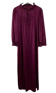 Vtg LORRAINE Size M Nightgown Burgundy Satin Silky Romantic Ruffle Neck Keyhole