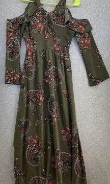 Koton Casual Women's Maxi Dress Cold Shoulder Size 34 (EU) Floral Olive Green