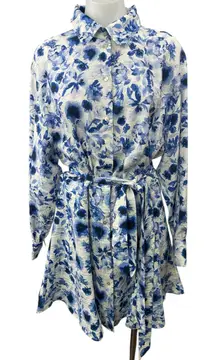 H&M Women's White Blue Floral Belted Long Sleeve Button Down Mini Shirt Dress L