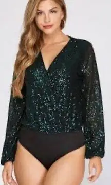 BODY SUIT (L)  BY RACHEL ZOE Sequin Long Sleeve Wrap Top  Large NWOT