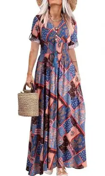 Maxi Summer Dresses Buttons Half Sleeve Empire Waist Hawaiian Boho Dress, Size M