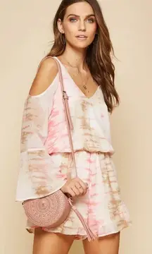 NWT Andree by Unit Tie Dye Romper Cold Shoulder‎ Bell Sleeve Ruffle Hem Sz Lg