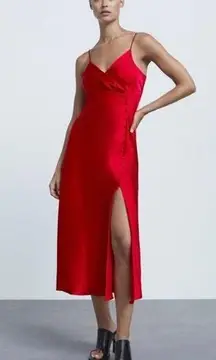 NEW Zara Womens Red Silk Satin Sleeveless Cami Camisole Slip Midi Dress Size S