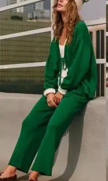 NEW! Free People FP Beach Solar Cardigan Pant Lounge Sweater Set Pine Green Med