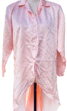 Vintage 80s T Juniors Pink Acetate Button Up Blouse Shirt 7 Floral High Low