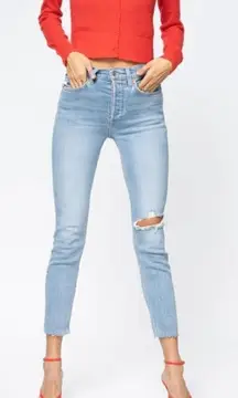 RE/DONE 90s High Rise Ankle Crop Worn Bright Blue Jeans size 25