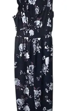 Women's Black Floral Print Jumpsuit XL Sleeveless Cropped Lightweight Romantic