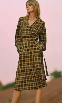 Anthropologie yellow brown plaid dalton wrap maxi dress size large