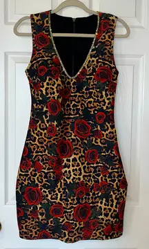 Pit Bull Jeans Dress‎ Leopard Rose Print Fitted Womens Size Medium Red Tan Brown
