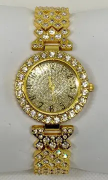 Women’s gold tone wrist watch iced dial rhinestones quartz 29mm round running