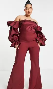 ASOS LUXE Curve Satin Shiny Wide Leg Jumpsuit Size 14 Wine/Burgundy Off Shoulder