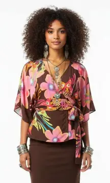 Tibi Pink & Brown Floral Print Short Sleeve Wrap Front Cottagecore Top XS