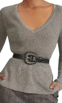 Veronica Beard Esmeralda Silver Metallic Thread Peplum Ribbed Sweater Medium