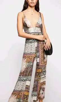 Free People Womens Margarita Patchwork Wide Leg Jumpsuit Boho‎ Festival Size 8