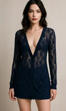 Xhilaration Blue Lace Sheer Cardigan L | Y2K Longline Boyfriend Goth Grunge