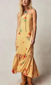 Free People Rosie Posie Yellow Striped Floral Midi Dress Boho