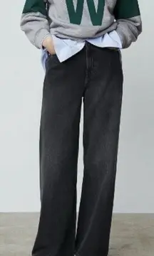 ZARA High Rise Wide Leg Cotton Denim Jeans in Washed Black Size 2