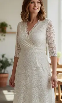 Kiyonna Bridal Bella Lace Dress Ivory 3/4 Sleeve V Neck Wedding Size 0x (10-12)