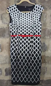 R & K Dress Woman's 10 Black White Diamond Pattern Red‎ Belt Classic Party