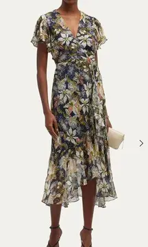 Tanya Taylor Blaire Printed Linen-Silk Midi Faux-Wrap Floral Dress NWT Size 4