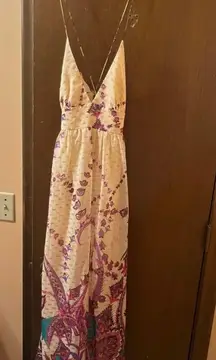 Tibi floral metallic strappy maxi dress in cream & fuchsia