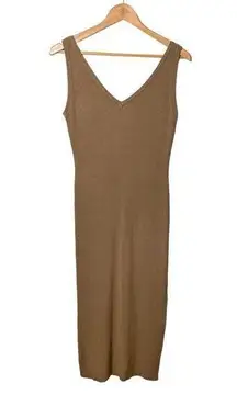 house of harlow 1960 camel tan brown ribbed knit v neck slit midi dress