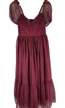 Lulus Sweet Amor Burgundy Tulle Swiss Dot Tiered Bustier Midi Dress